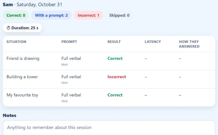 The practice summary: a table of situations with the prompt, result, latency and how the child answered.